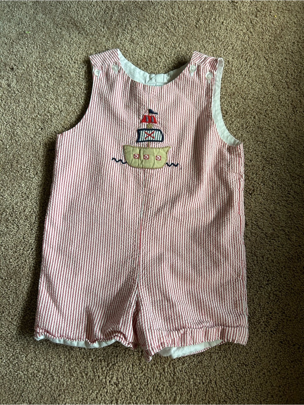 Little English Striped Pink Seersucker Baby Romper with Boat Applique